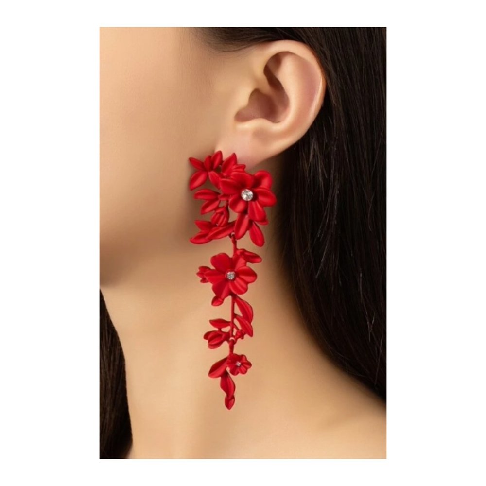 Red Rhinestone Flower Drop Earrings